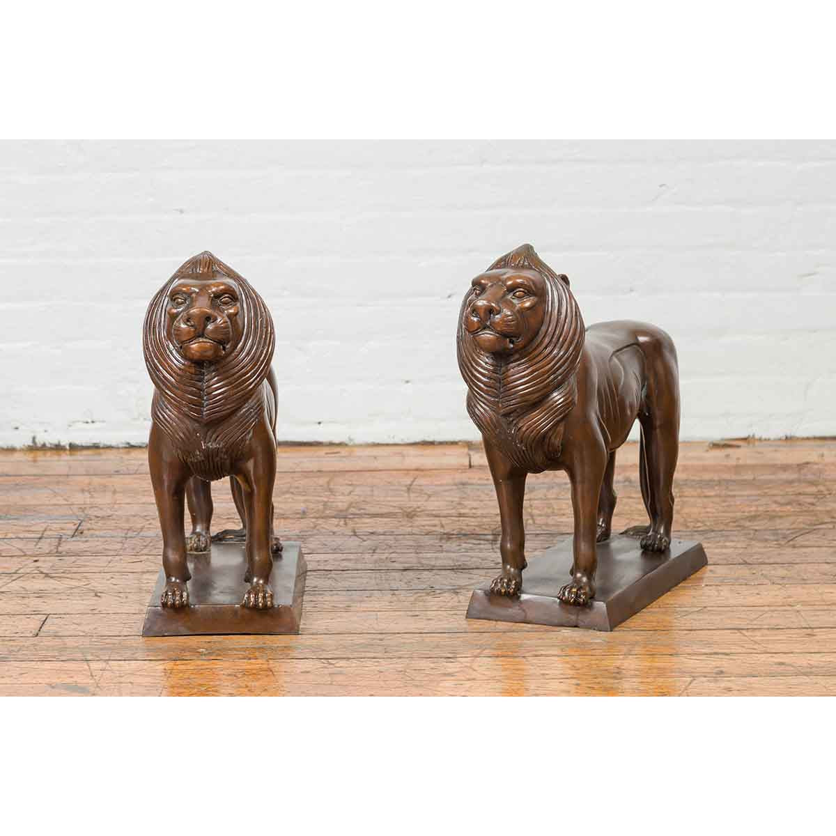 Pair of Bronze Lion Sculptures on Bases with Dark Patina-3. Asian & Chinese Furniture, Art, Antiques, Vintage Home Décor for sale at FEA Home