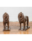 Pair of Bronze Lion Sculptures on Bases with Dark Patina-3. Asian & Chinese Furniture, Art, Antiques, Vintage Home Décor for sale at FEA Home