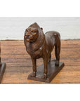 Pair of Bronze Lion Sculptures on Bases with Dark Patina-5. Asian & Chinese Furniture, Art, Antiques, Vintage Home Décor for sale at FEA Home
