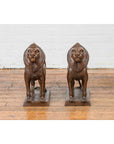 Pair of Bronze Lion Sculptures on Bases with Dark Patina-6. Asian & Chinese Furniture, Art, Antiques, Vintage Home Décor for sale at FEA Home