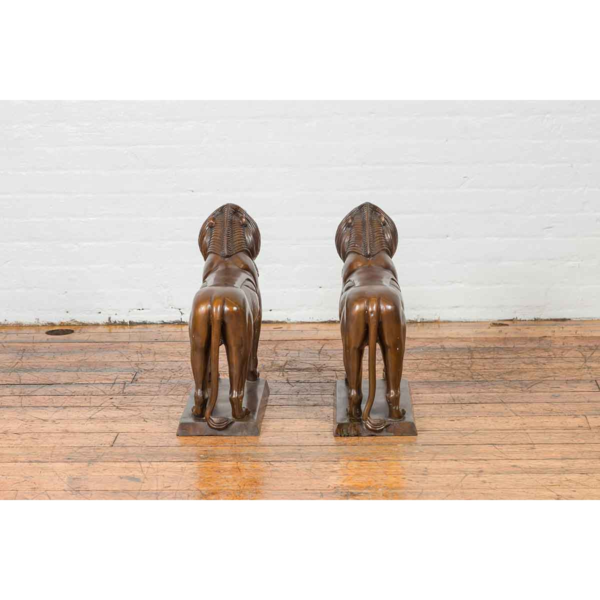 Pair of Bronze Lion Sculptures on Bases with Dark Patina-10. Asian & Chinese Furniture, Art, Antiques, Vintage Home Décor for sale at FEA Home