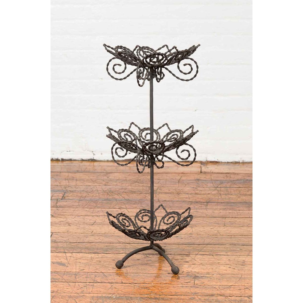 Vintage Bronze Three-Tiered Stand with Dark Patina and Scrolled Motifs-5. Asian & Chinese Furniture, Art, Antiques, Vintage Home Décor for sale at FEA Home