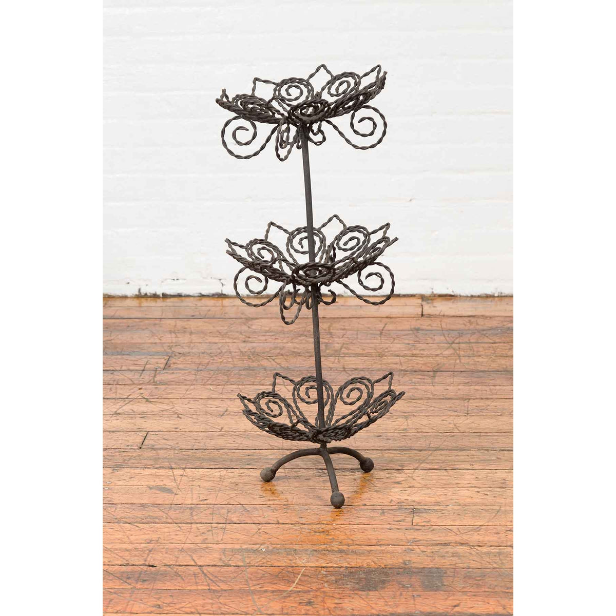 Vintage Bronze Three-Tiered Stand with Dark Patina and Scrolled Motifs-4. Asian & Chinese Furniture, Art, Antiques, Vintage Home Décor for sale at FEA Home