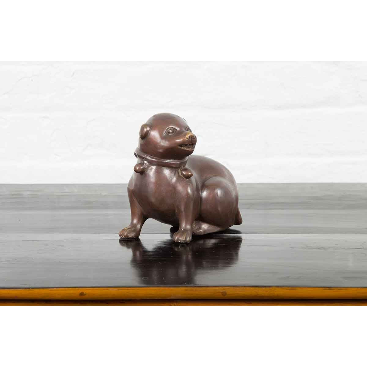 Petite Taisho Style Bronze Puppy Dog Sculpture in the Manner of the Hirado Puppy-6. Asian & Chinese Furniture, Art, Antiques, Vintage Home Décor for sale at FEA Home