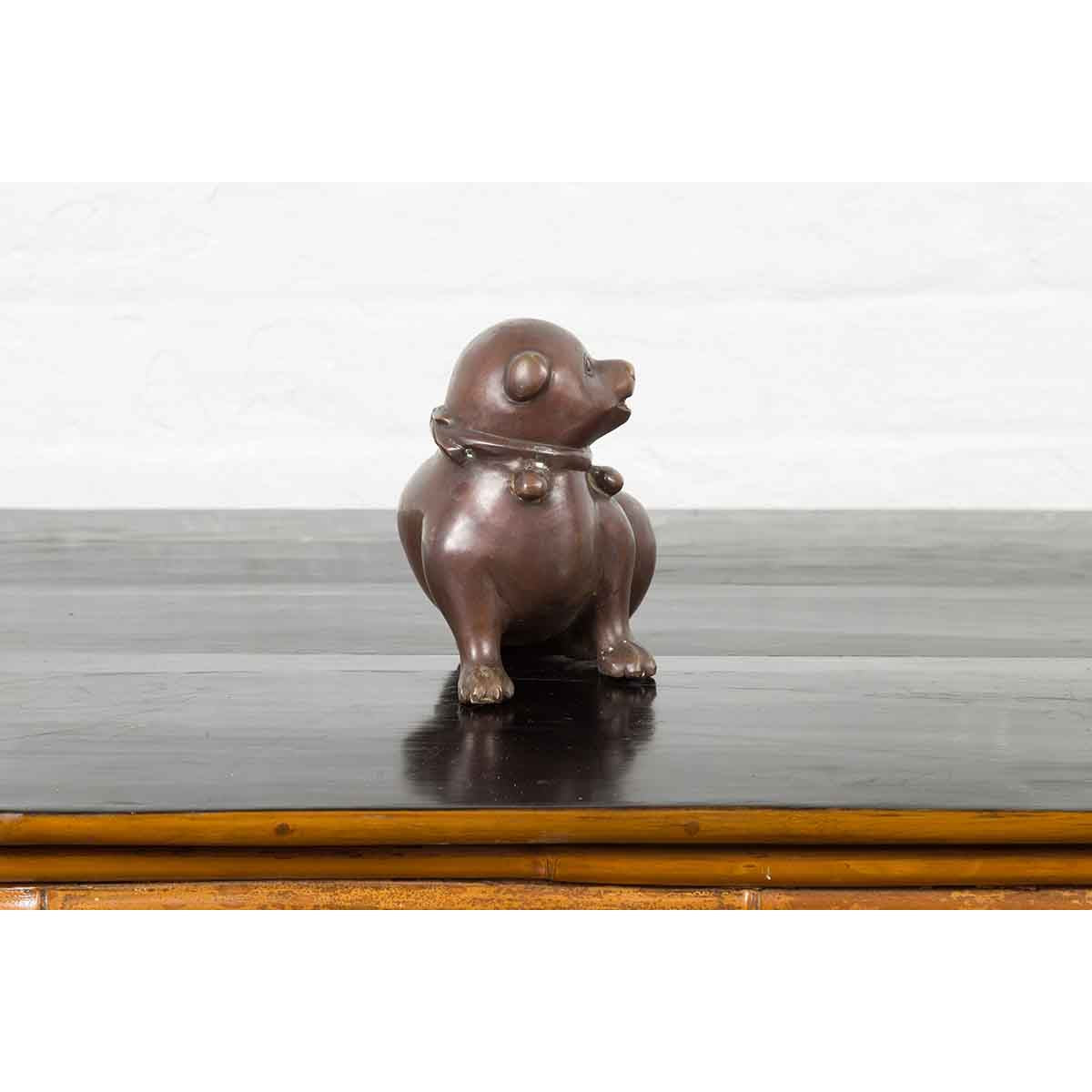 Petite Taisho Style Bronze Puppy Dog Sculpture in the Manner of the Hirado Puppy-7. Asian & Chinese Furniture, Art, Antiques, Vintage Home Décor for sale at FEA Home