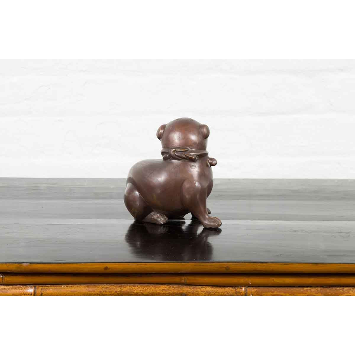 Petite Taisho Style Bronze Puppy Dog Sculpture in the Manner of the Hirado Puppy-8. Asian & Chinese Furniture, Art, Antiques, Vintage Home Décor for sale at FEA Home