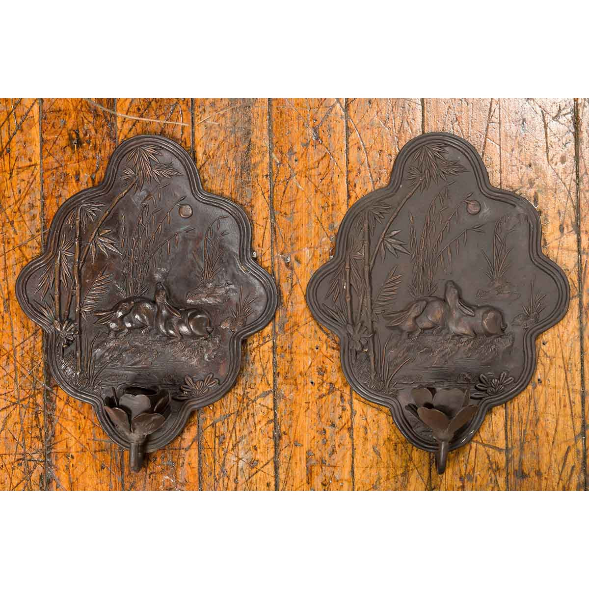 Vintage Bronze Candle Sconce with Rabbits and Bamboo in Dark Patina-6. Asian & Chinese Furniture, Art, Antiques, Vintage Home Décor for sale at FEA Home