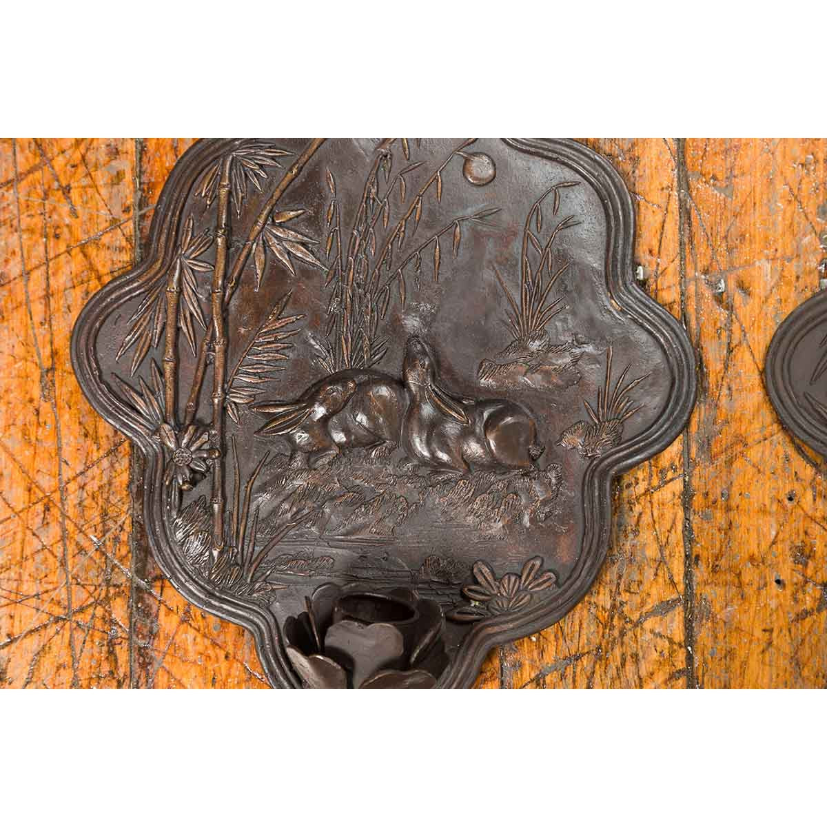 Vintage Bronze Candle Sconce with Rabbits and Bamboo in Dark Patina-5. Asian & Chinese Furniture, Art, Antiques, Vintage Home Décor for sale at FEA Home