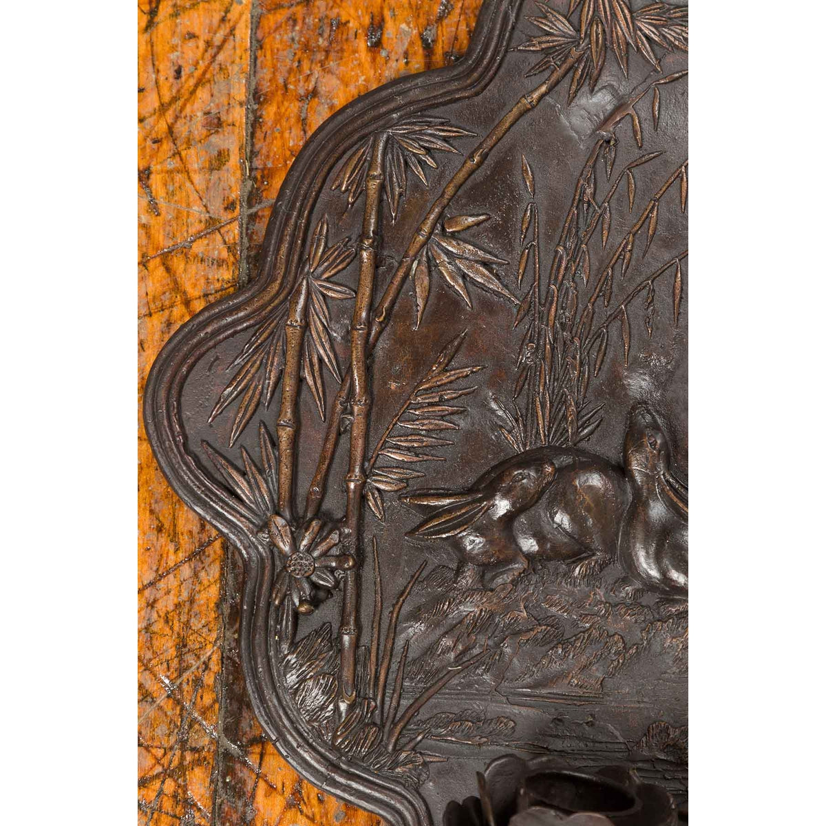Vintage Bronze Candle Sconce with Rabbits and Bamboo in Dark Patina-7. Asian & Chinese Furniture, Art, Antiques, Vintage Home Décor for sale at FEA Home
