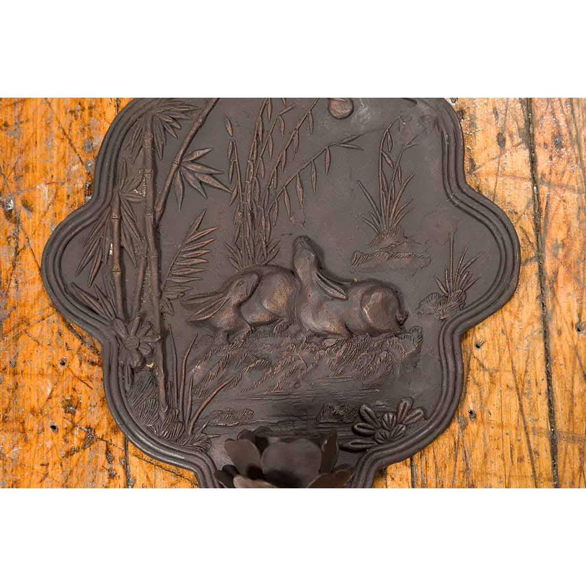Vintage Bronze Candle Sconce with Rabbits and Bamboo in Dark Patina-8. Asian & Chinese Furniture, Art, Antiques, Vintage Home Décor for sale at FEA Home