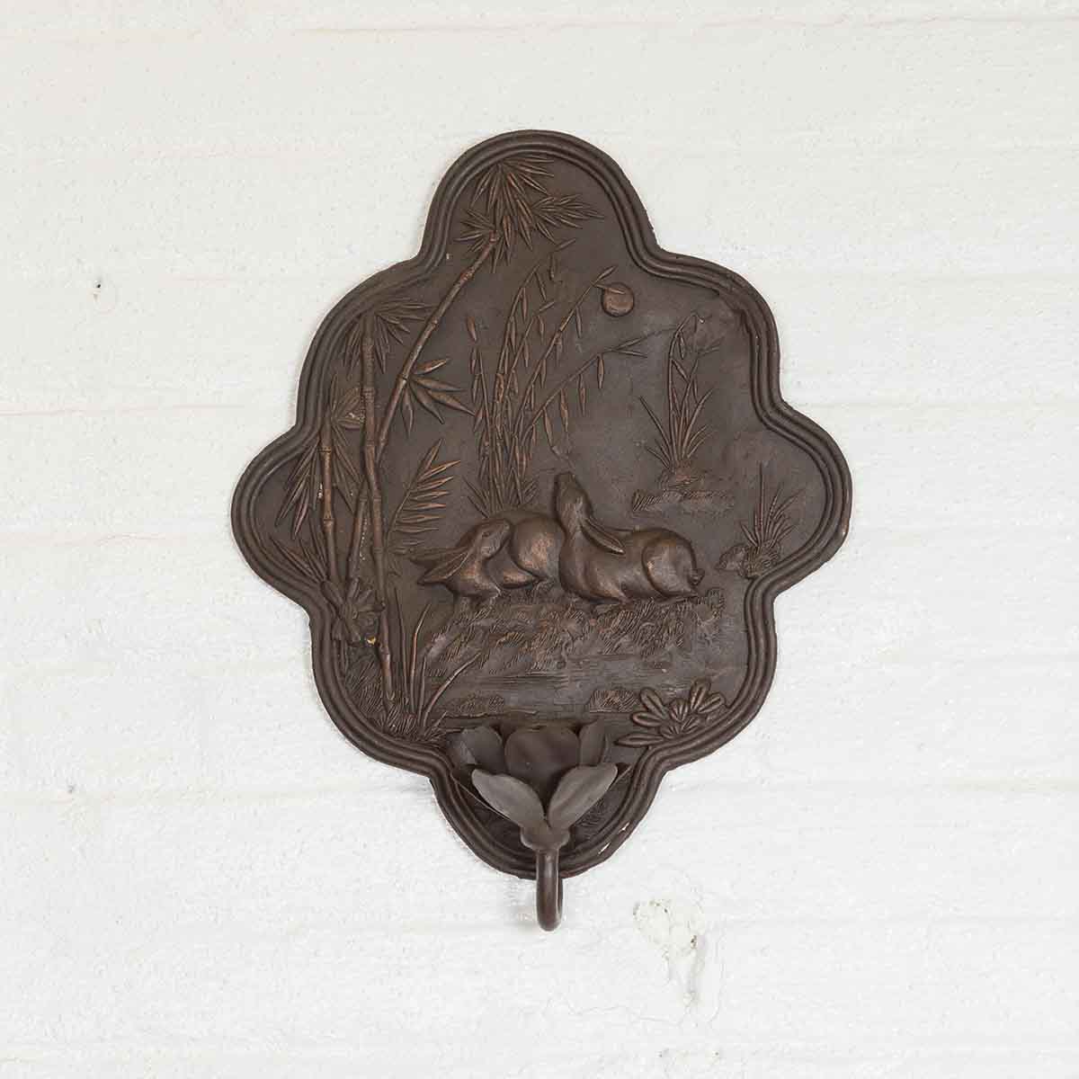 Vintage Bronze Candle Sconce with Rabbits and Bamboo in Dark Patina-4. Asian & Chinese Furniture, Art, Antiques, Vintage Home Décor for sale at FEA Home