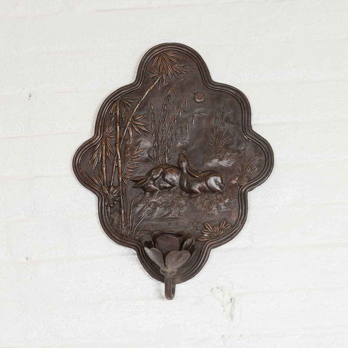 Vintage Bronze Candle Sconce with Rabbits and Bamboo in Dark Patina-3. Asian & Chinese Furniture, Art, Antiques, Vintage Home Décor for sale at FEA Home