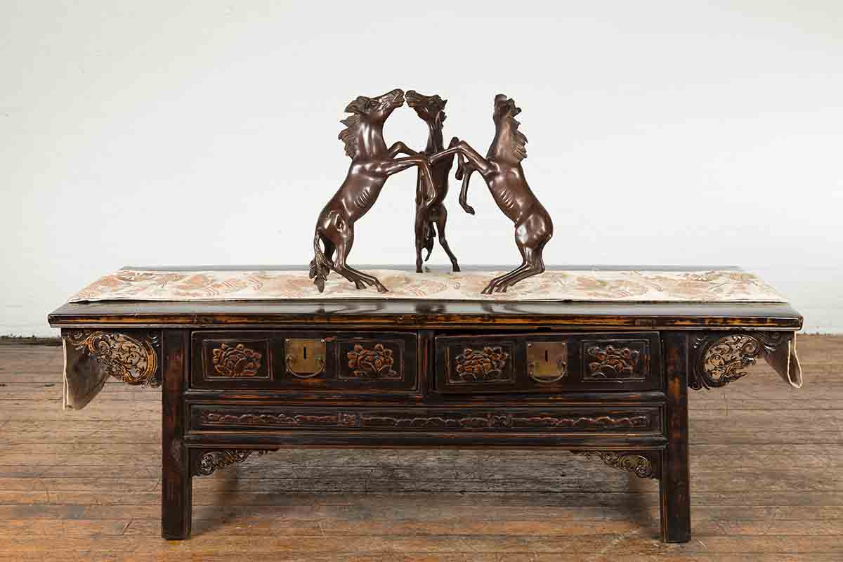 Vintage Lost Wax Cast Bronze Coffee Table Base with Triple Rearing Horses-4. Asian & Chinese Furniture, Art, Antiques, Vintage Home Décor for sale at FEA Home
