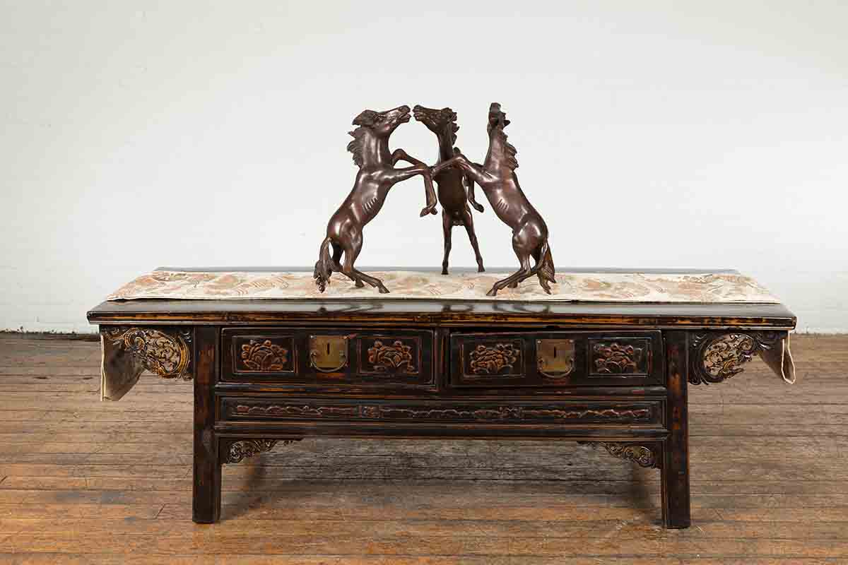 Vintage Lost Wax Cast Bronze Coffee Table Base with Triple Rearing Horses-5. Asian & Chinese Furniture, Art, Antiques, Vintage Home Décor for sale at FEA Home