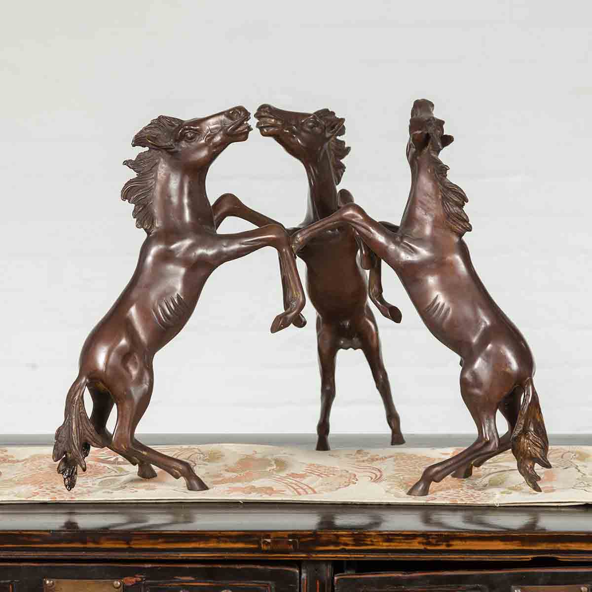 Vintage Lost Wax Cast Bronze Coffee Table Base with Triple Rearing Horses-2. Asian & Chinese Furniture, Art, Antiques, Vintage Home Décor for sale at FEA Home