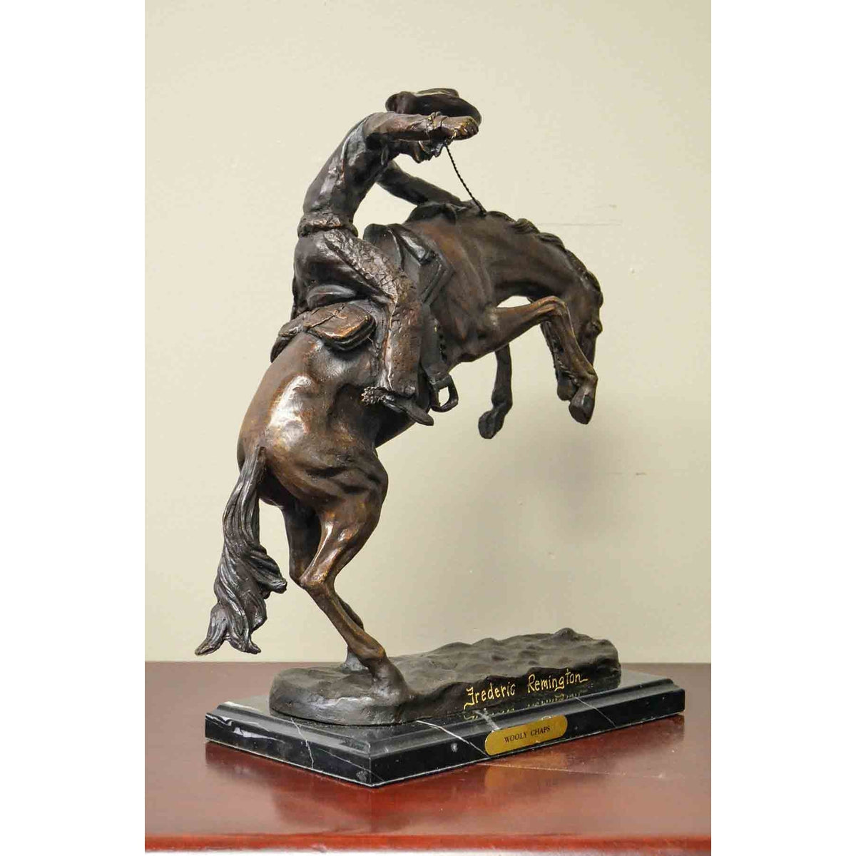 Wooly Chaps Bronze Sculpture on Marble Base after Frederic Remington-17. Asian & Chinese Furniture, Art, Antiques, Vintage Home Décor for sale at FEA Home