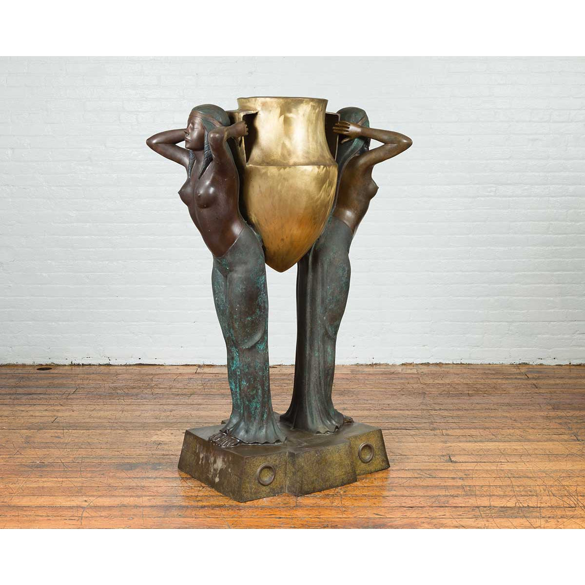 Vintage Bronze Egyptian Style Planter Depicting Two Maiden Carrying a Large Urn-5. Asian & Chinese Furniture, Art, Antiques, Vintage Home Décor for sale at FEA Home