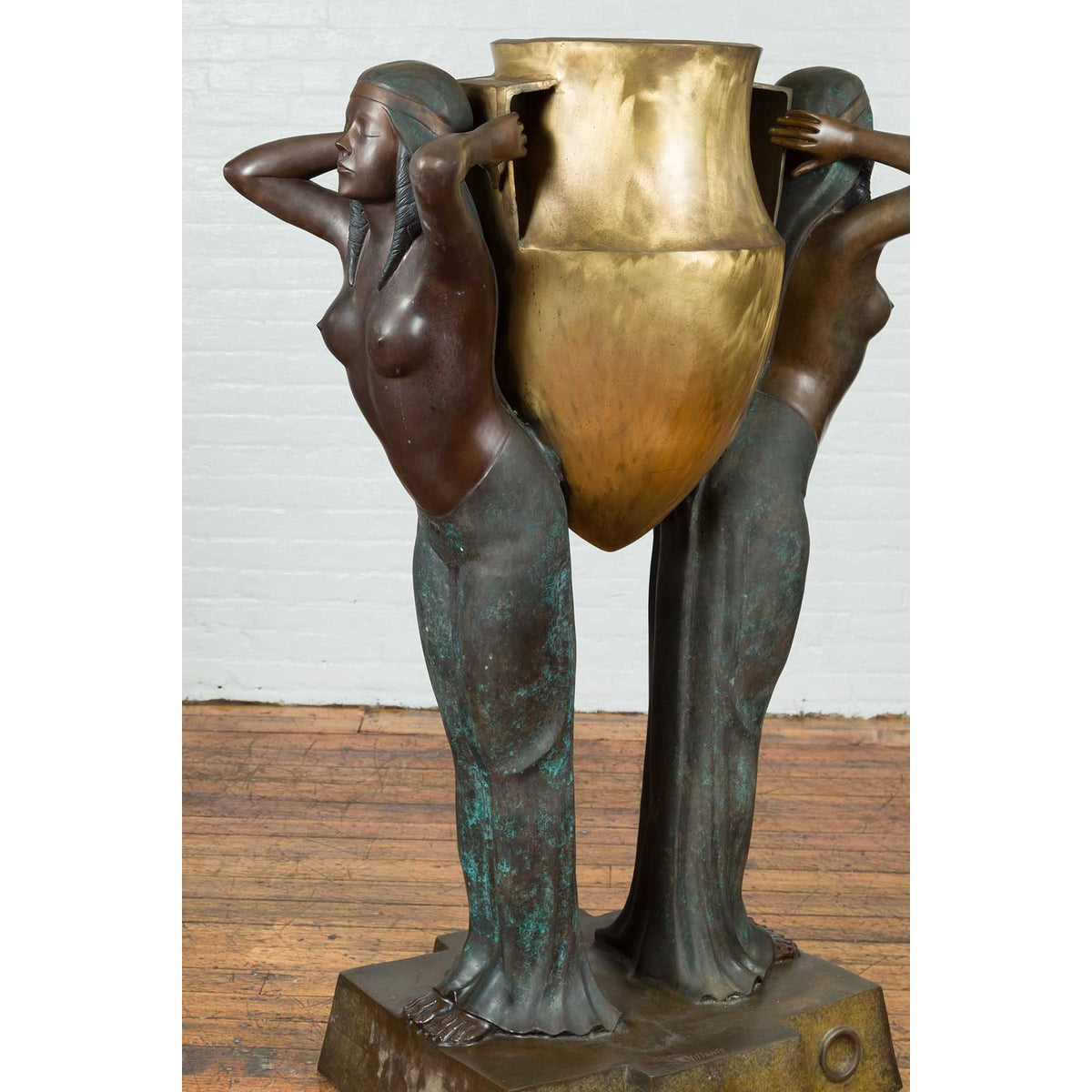 Vintage Bronze Egyptian Style Planter Depicting Two Maiden Carrying a Large Urn-6. Asian & Chinese Furniture, Art, Antiques, Vintage Home Décor for sale at FEA Home