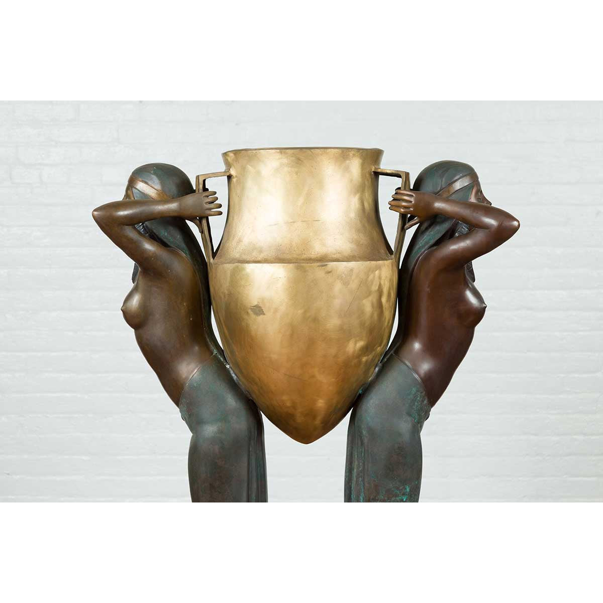 Vintage Bronze Egyptian Style Planter Depicting Two Maiden Carrying a Large Urn-17. Asian & Chinese Furniture, Art, Antiques, Vintage Home Décor for sale at FEA Home
