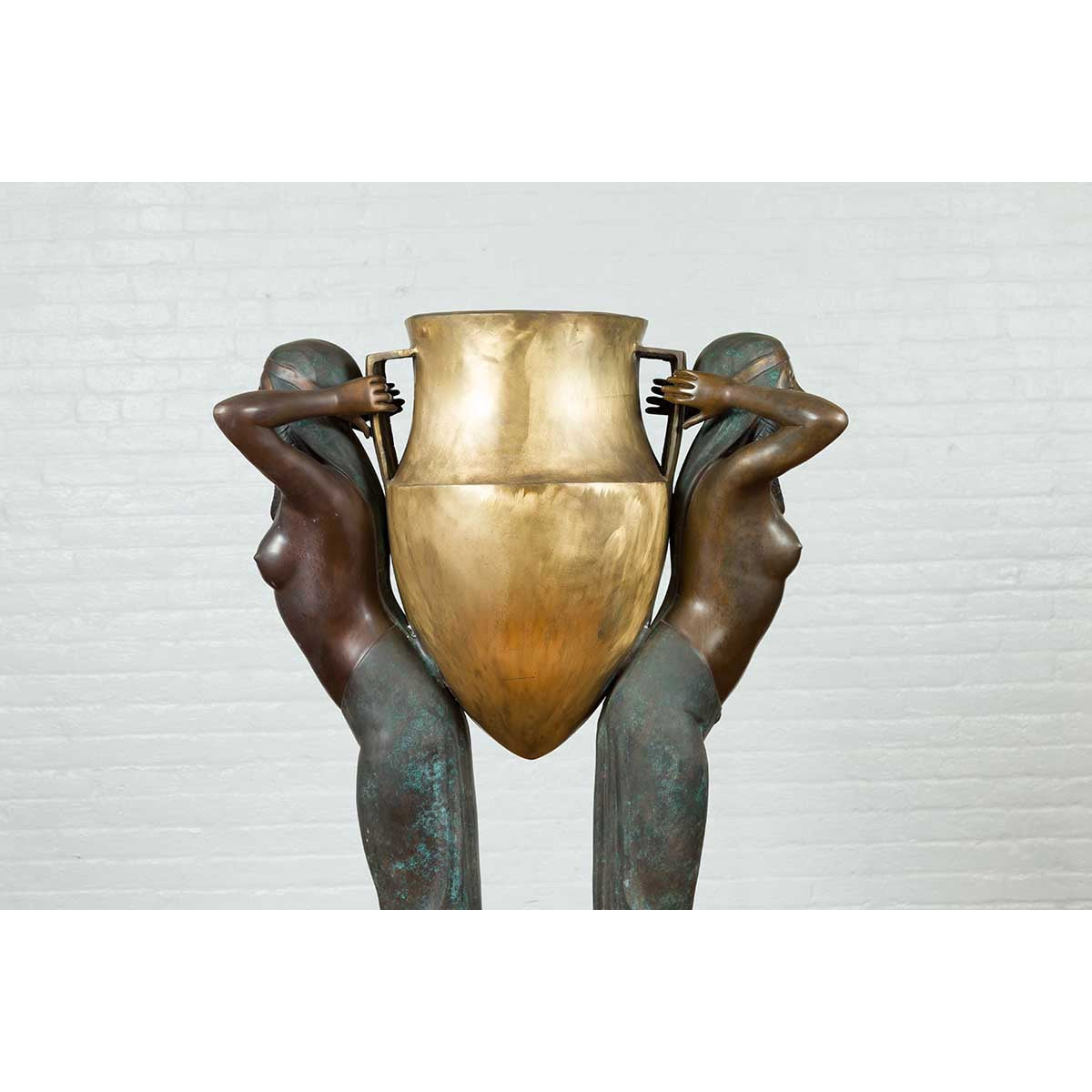 Vintage Bronze Egyptian Style Planter Depicting Two Maiden Carrying a Large Urn-9. Asian & Chinese Furniture, Art, Antiques, Vintage Home Décor for sale at FEA Home