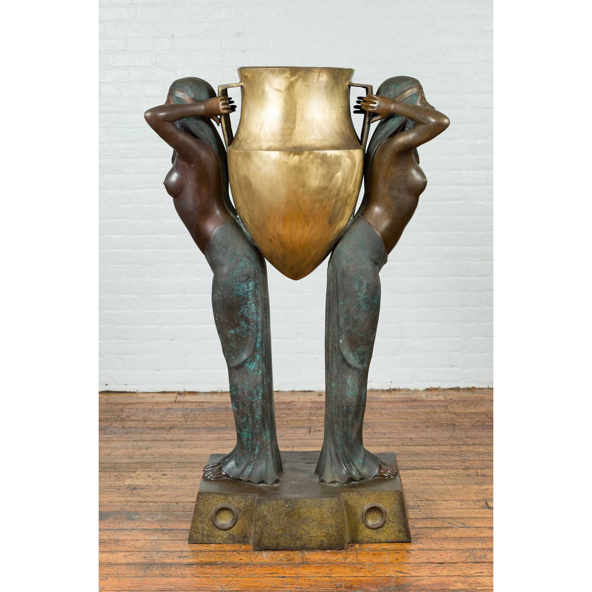 Vintage Bronze Egyptian Style Planter Depicting Two Maiden Carrying a Large Urn-8. Asian & Chinese Furniture, Art, Antiques, Vintage Home Décor for sale at FEA Home