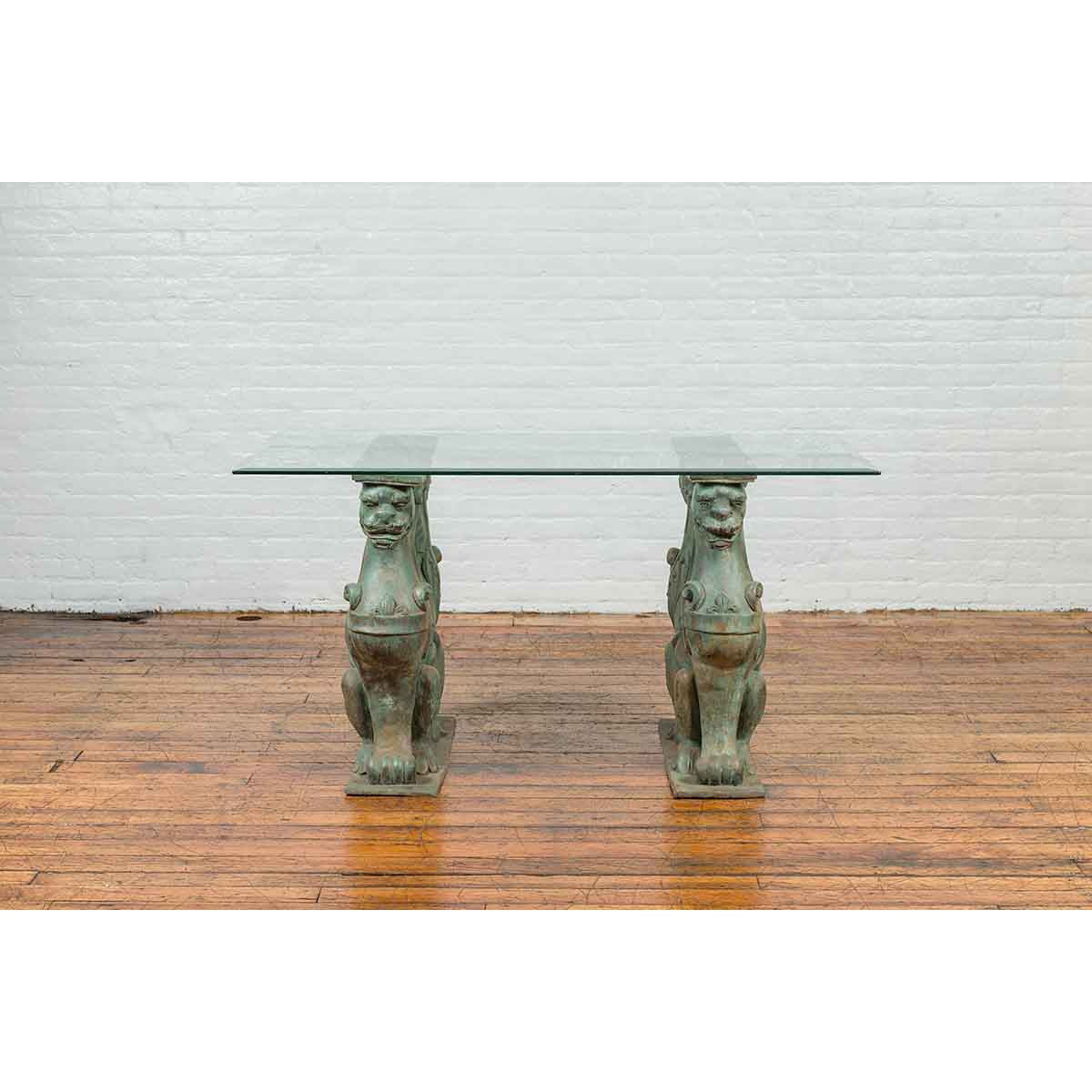 Vintage Bronze Double Mythical Figures Table Base with Verde Patina-3. Asian & Chinese Furniture, Art, Antiques, Vintage Home Décor for sale at FEA Home