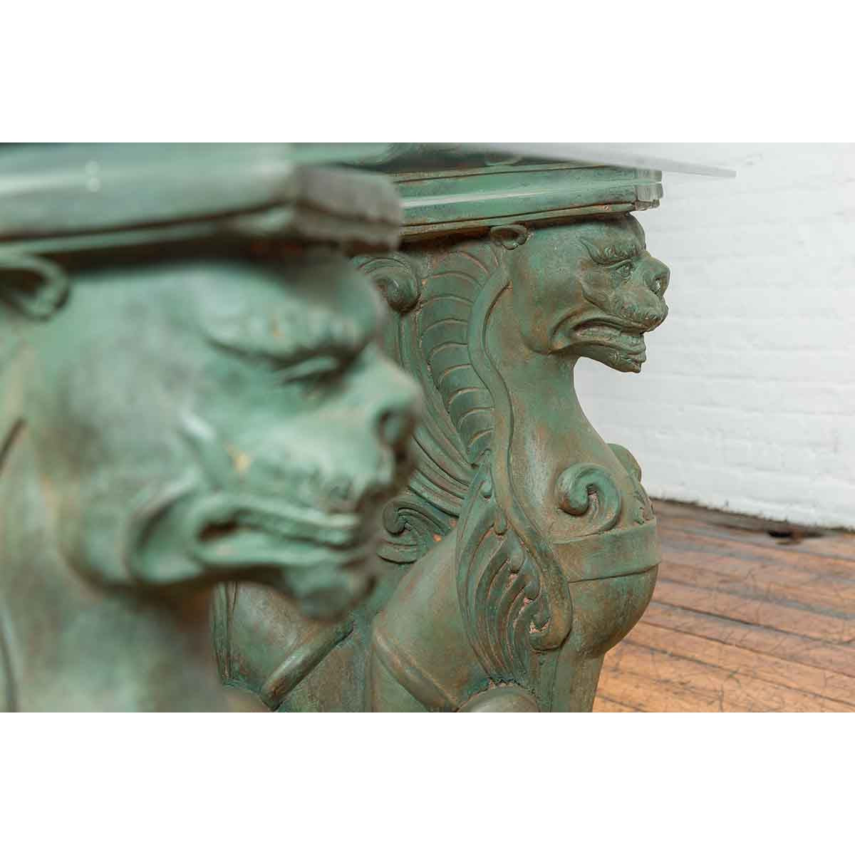 Vintage Bronze Double Mythical Figures Table Base with Verde Patina-11. Asian & Chinese Furniture, Art, Antiques, Vintage Home Décor for sale at FEA Home