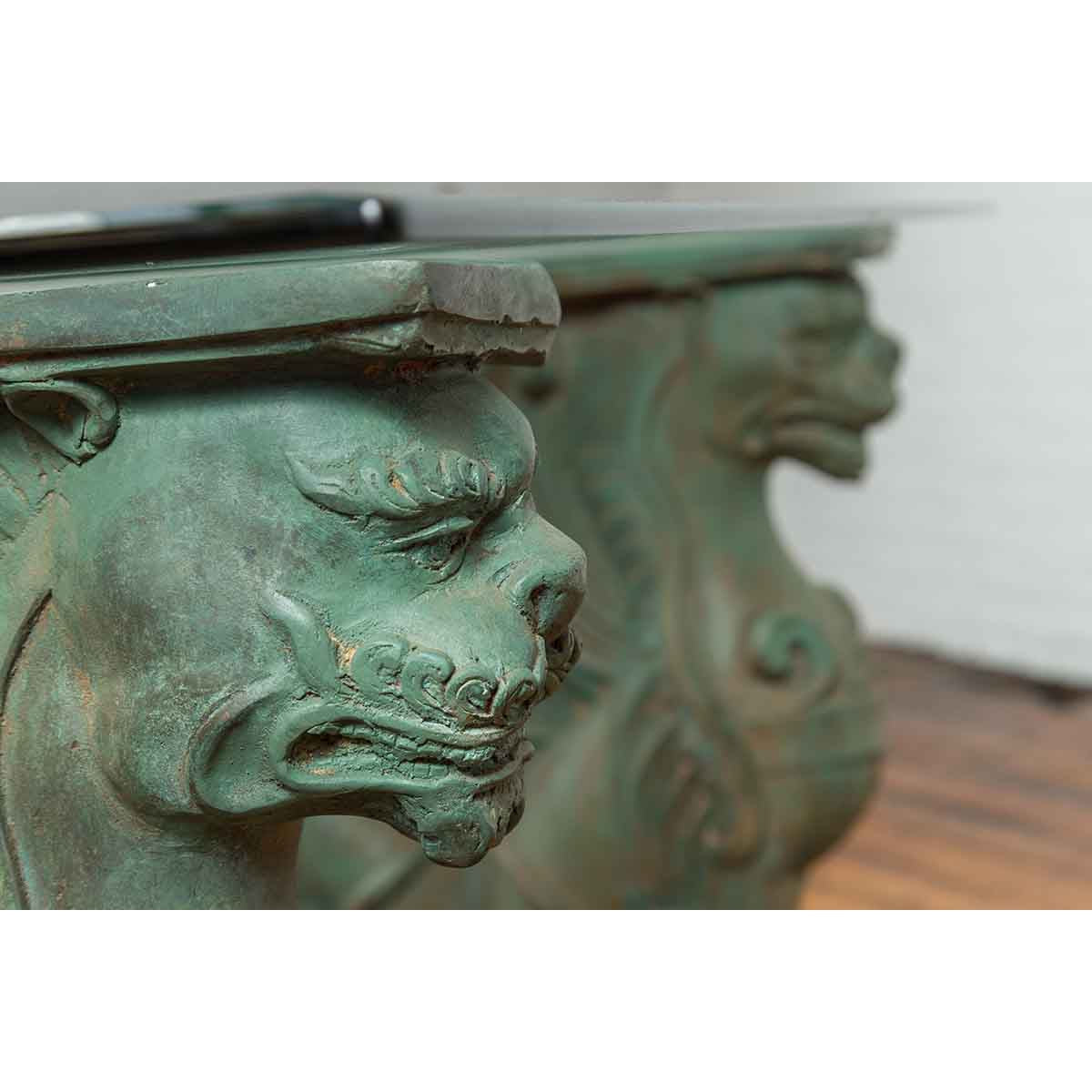 Vintage Bronze Double Mythical Figures Table Base with Verde Patina-12. Asian & Chinese Furniture, Art, Antiques, Vintage Home Décor for sale at FEA Home