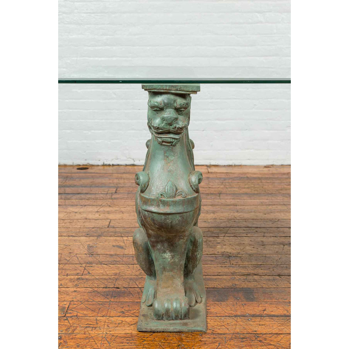 Vintage Bronze Double Mythical Figures Table Base with Verde Patina-6. Asian & Chinese Furniture, Art, Antiques, Vintage Home Décor for sale at FEA Home