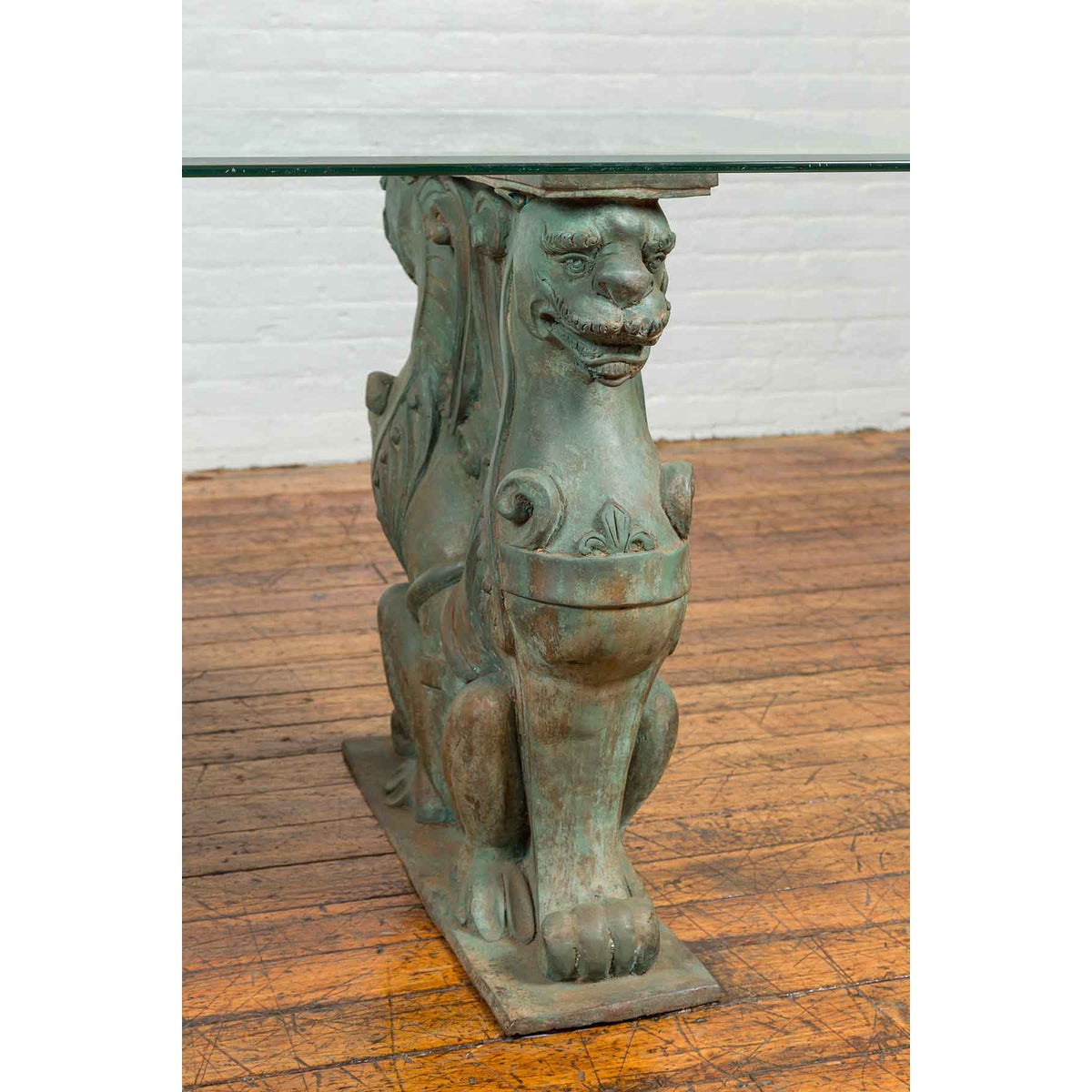 Vintage Bronze Double Mythical Figures Table Base with Verde Patina-7. Asian & Chinese Furniture, Art, Antiques, Vintage Home Décor for sale at FEA Home