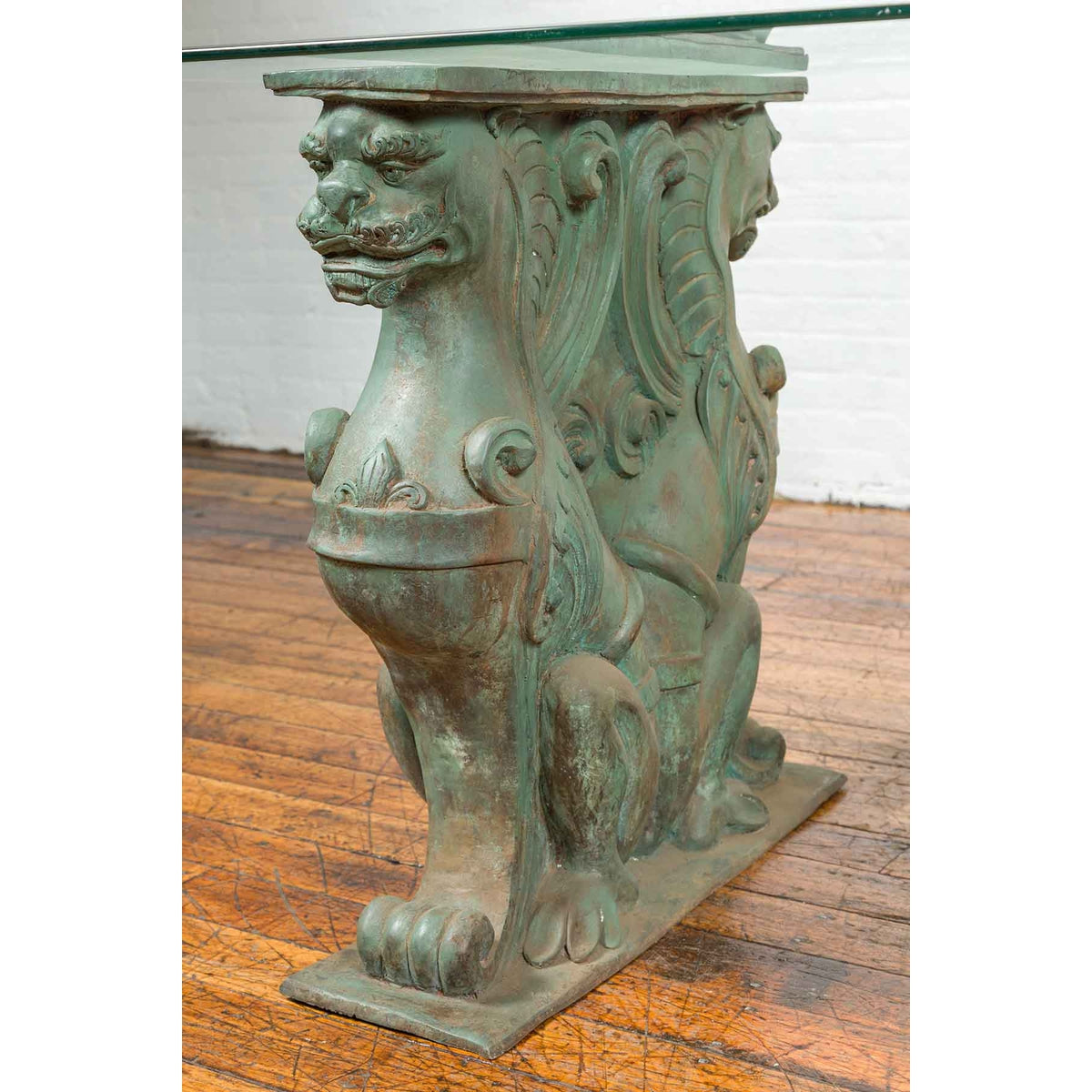 Vintage Bronze Double Mythical Figures Table Base with Verde Patina-8. Asian & Chinese Furniture, Art, Antiques, Vintage Home Décor for sale at FEA Home