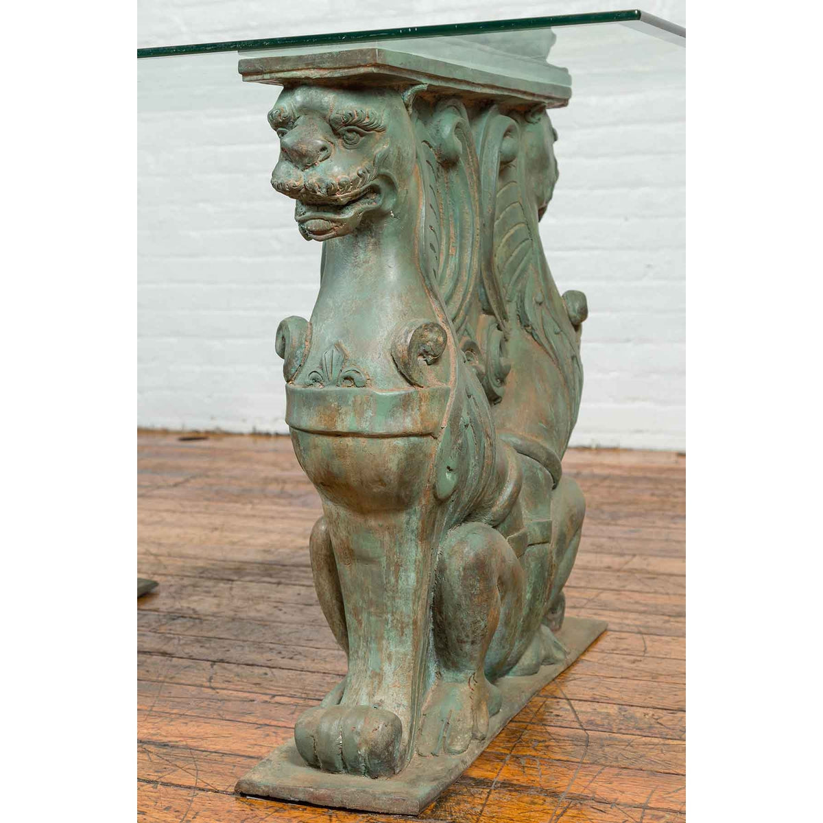 Vintage Bronze Double Mythical Figures Table Base with Verde Patina-5. Asian & Chinese Furniture, Art, Antiques, Vintage Home Décor for sale at FEA Home