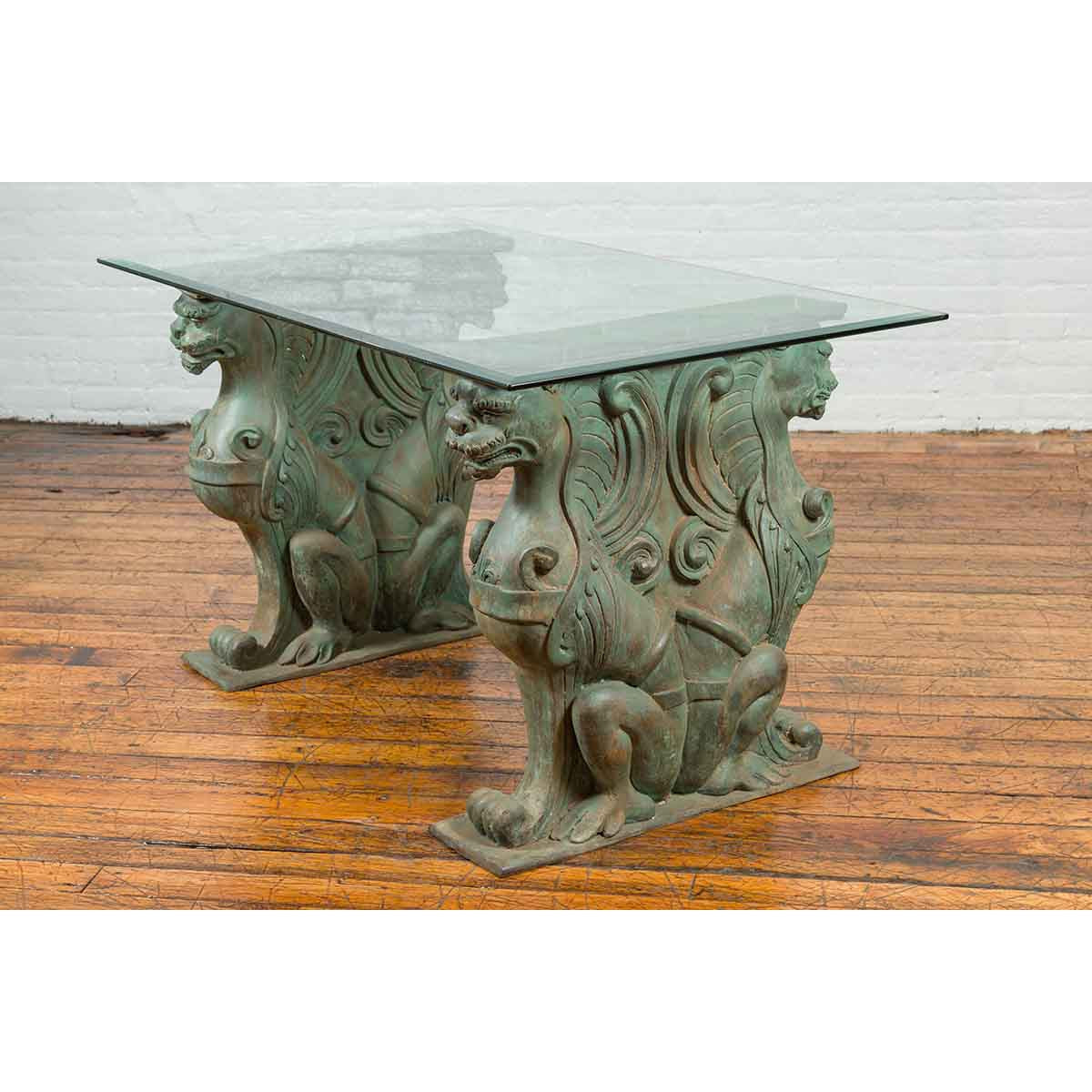 Vintage Bronze Double Mythical Figures Table Base with Verde Patina-4. Asian & Chinese Furniture, Art, Antiques, Vintage Home Décor for sale at FEA Home