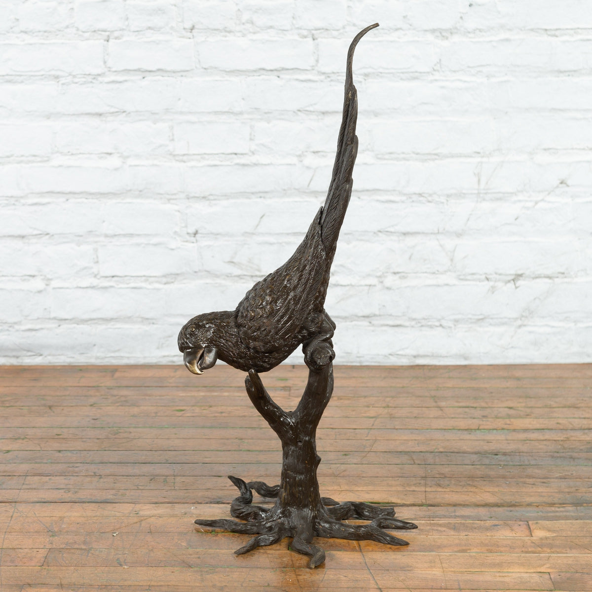 Bronze Statue of a Parrot Perched on a Branch and Leaning Down, with Dark Patina-9. Asian & Chinese Furniture, Art, Antiques, Vintage Home Décor for sale at FEA Home