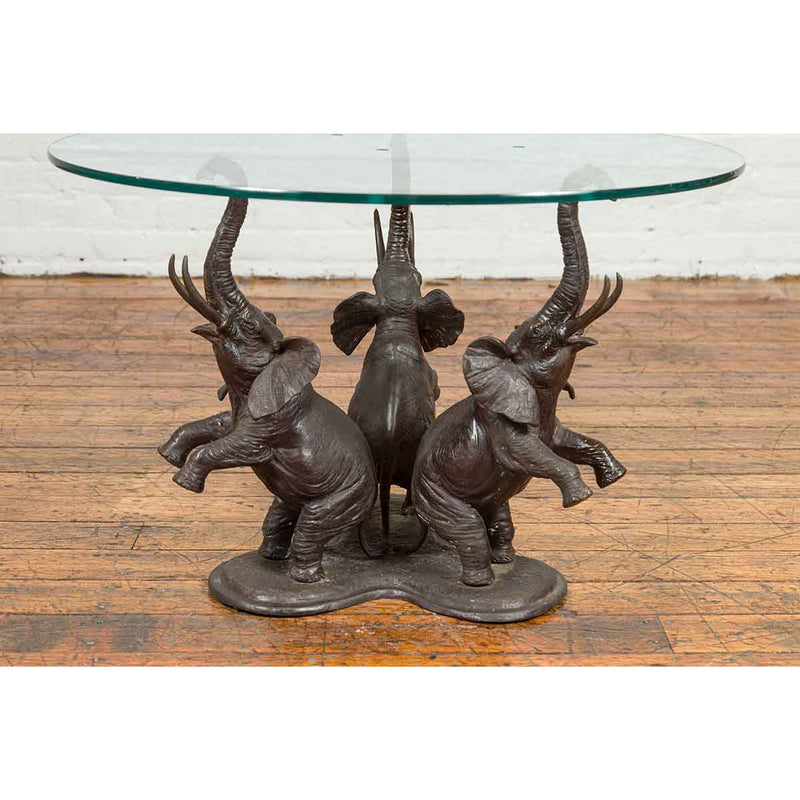 Vintage Triple Raised Elephants Coffee Table Base with Dark Patina, 20th Century-RG502-2. Asian & Chinese Furniture, Art, Antiques, Vintage Home Décor for sale at FEA Home