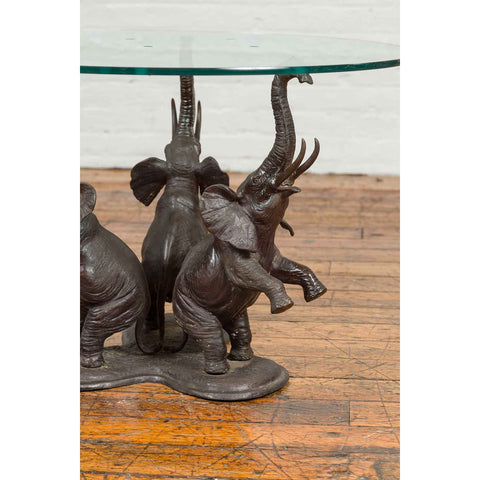 Vintage Triple Raised Elephants Coffee Table Base with Dark Patina, 20th Century-RG502-5. Asian & Chinese Furniture, Art, Antiques, Vintage Home Décor for sale at FEA Home
