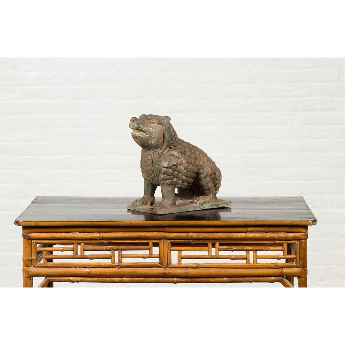 Vintage Bronze Mythical Boar Sculpture on Rectangular Base-3. Asian & Chinese Furniture, Art, Antiques, Vintage Home Décor for sale at FEA Home