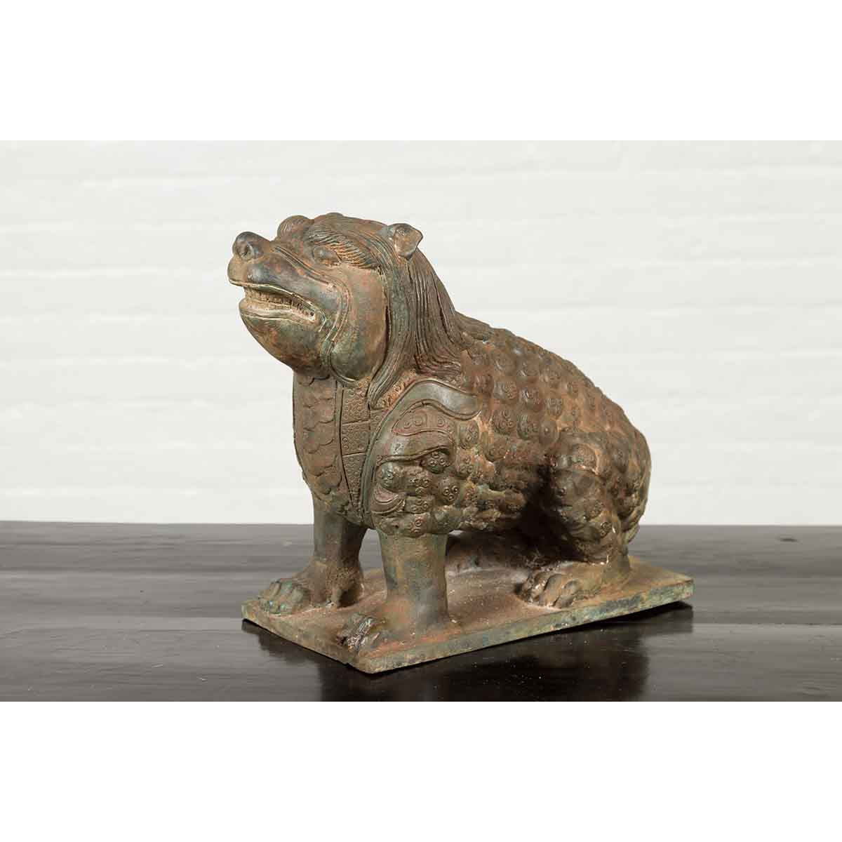 Vintage Bronze Mythical Boar Sculpture on Rectangular Base-10. Asian & Chinese Furniture, Art, Antiques, Vintage Home Décor for sale at FEA Home