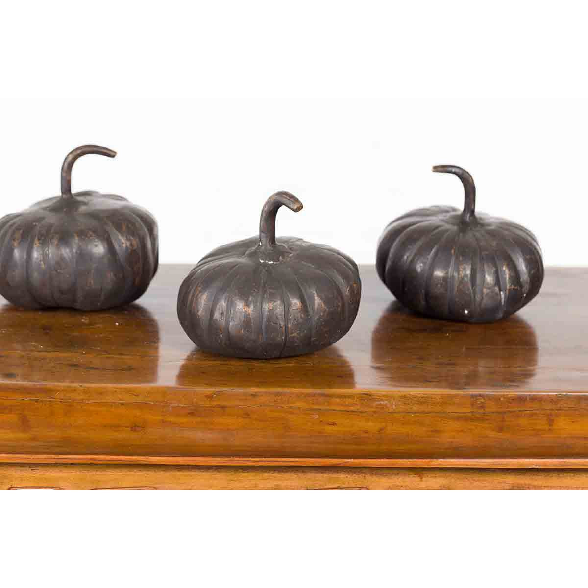Contemporary Small Lost Wax Bronze Pumpkin Sculpture with Dark Patina, Sold Each-9. Asian & Chinese Furniture, Art, Antiques, Vintage Home Décor for sale at FEA Home