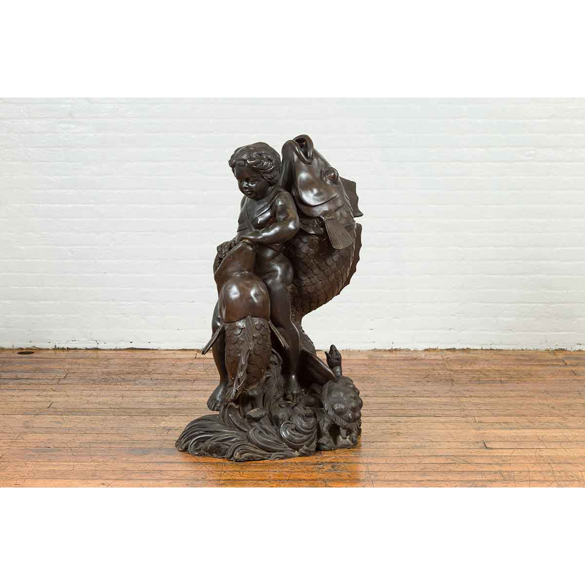 Greco-Roman Style Vintage Bronze Fountain Depicting a Putto Riding a Dolphin-6. Asian & Chinese Furniture, Art, Antiques, Vintage Home Décor for sale at FEA Home