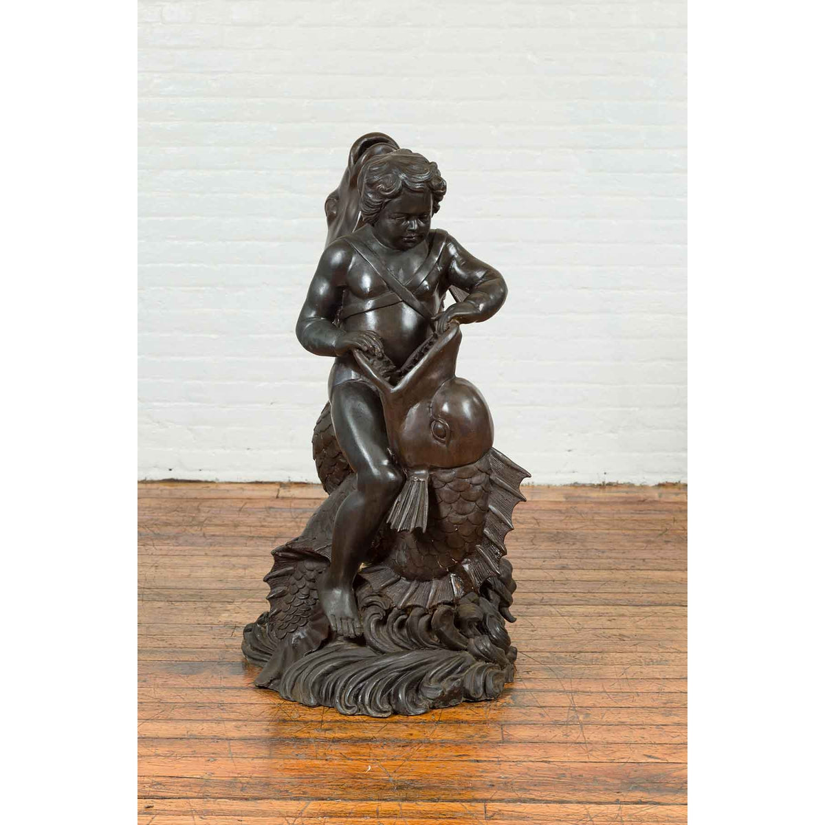 Greco-Roman Style Vintage Bronze Fountain Depicting a Putto Riding a Dolphin-3. Asian & Chinese Furniture, Art, Antiques, Vintage Home Décor for sale at FEA Home