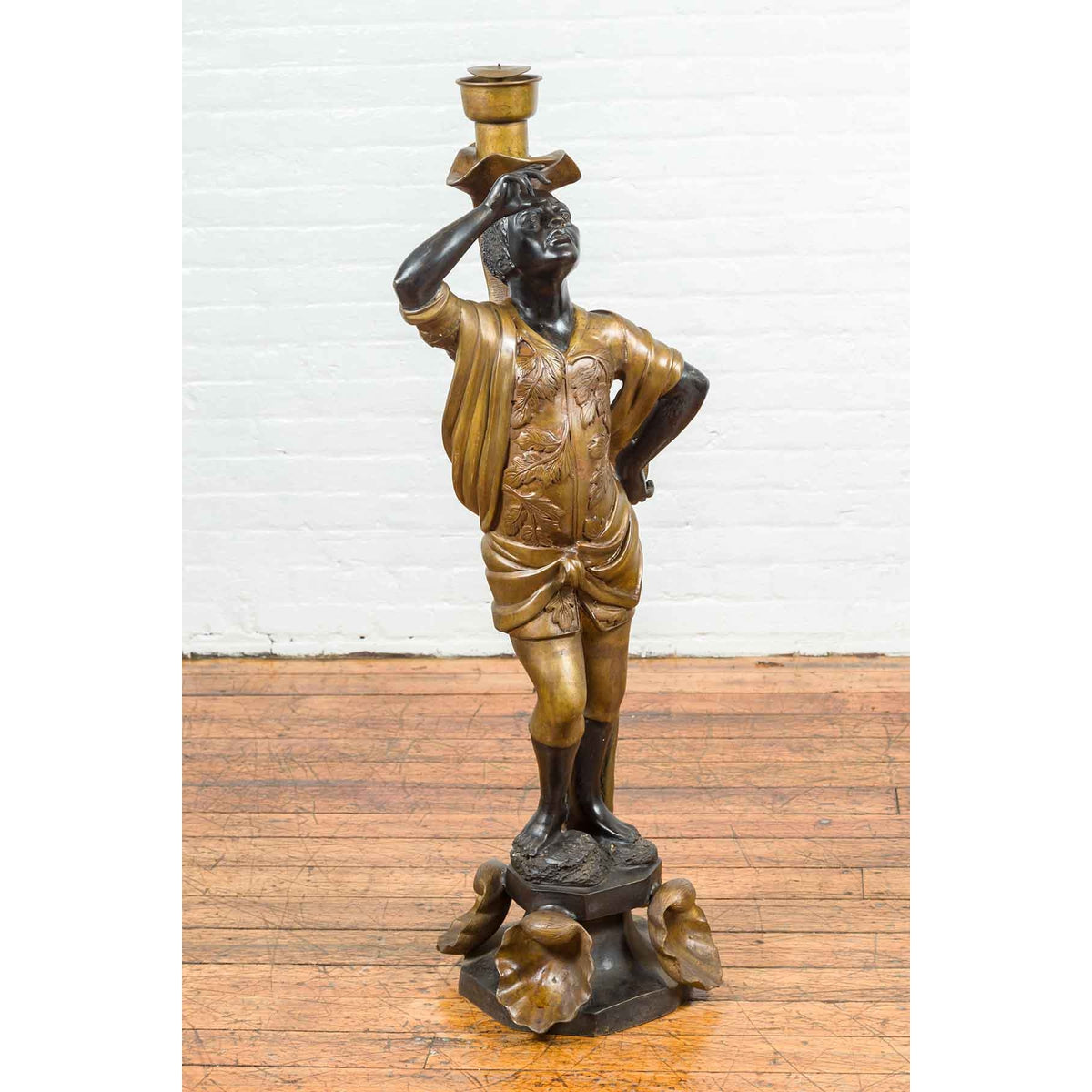 Vintage Bronze Candle Holder Statue on Shell Base-3. Asian & Chinese Furniture, Art, Antiques, Vintage Home Décor for sale at FEA Home
