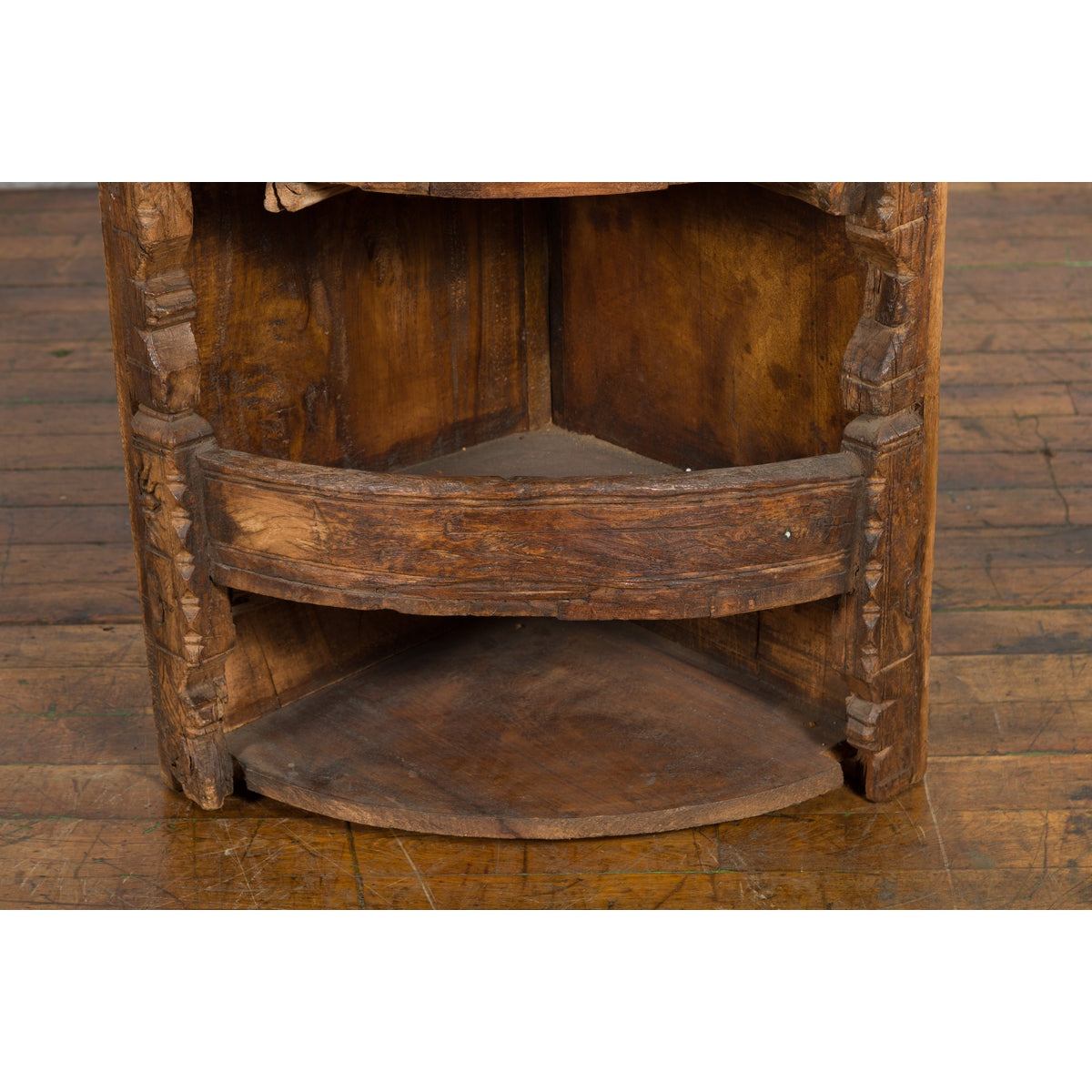 Rustic Indian 19th Century Corner Cabinet with Carved Motifs and Three Shelves-10. Asian & Chinese Furniture, Art, Antiques, Vintage Home Décor for sale at FEA Home