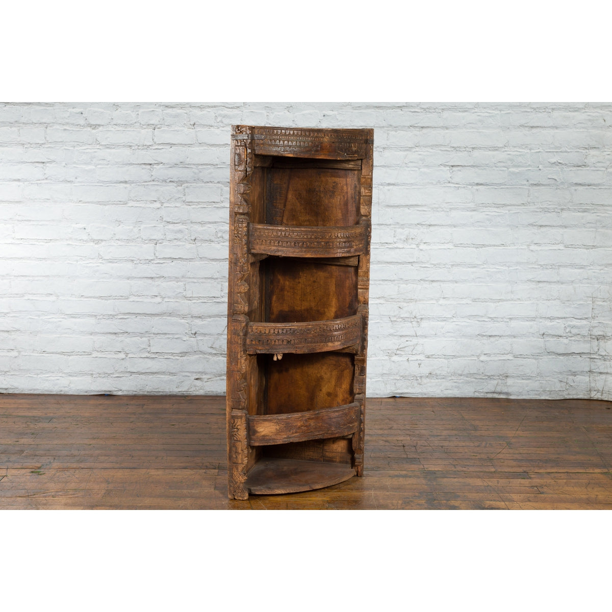 Rustic Indian 19th Century Corner Cabinet with Carved Motifs and Three Shelves-2. Asian & Chinese Furniture, Art, Antiques, Vintage Home Décor for sale at FEA Home