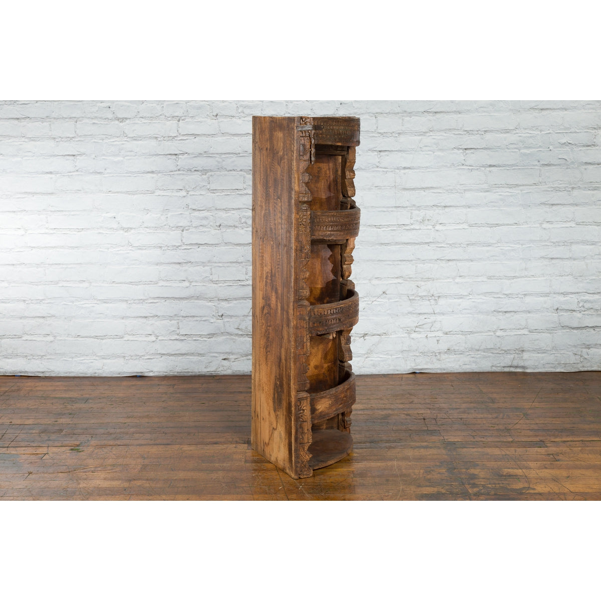Rustic Indian 19th Century Corner Cabinet with Carved Motifs and Three Shelves-3. Asian & Chinese Furniture, Art, Antiques, Vintage Home Décor for sale at FEA Home