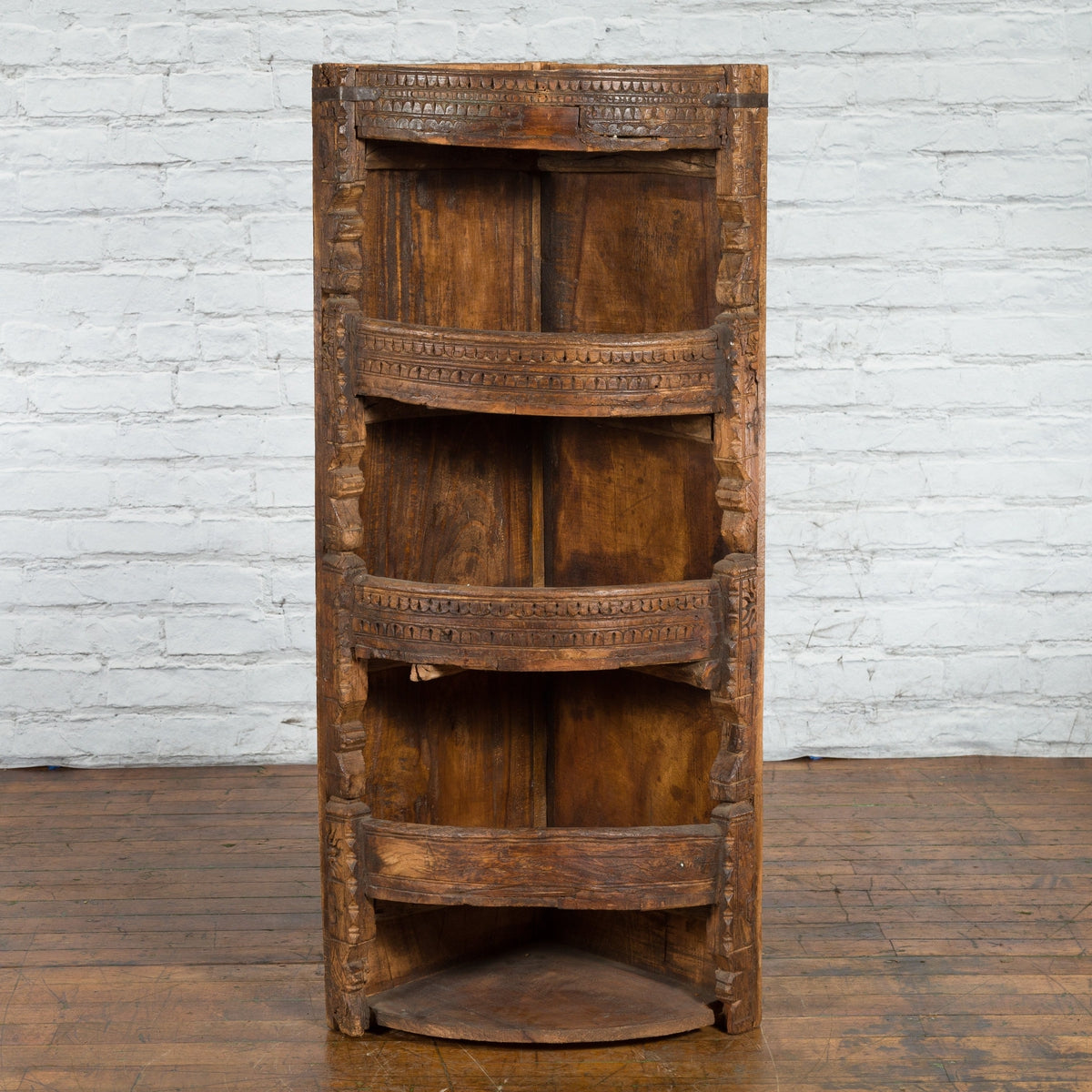 Rustic Indian 19th Century Corner Cabinet with Carved Motifs and Three Shelves-4. Asian & Chinese Furniture, Art, Antiques, Vintage Home Décor for sale at FEA Home