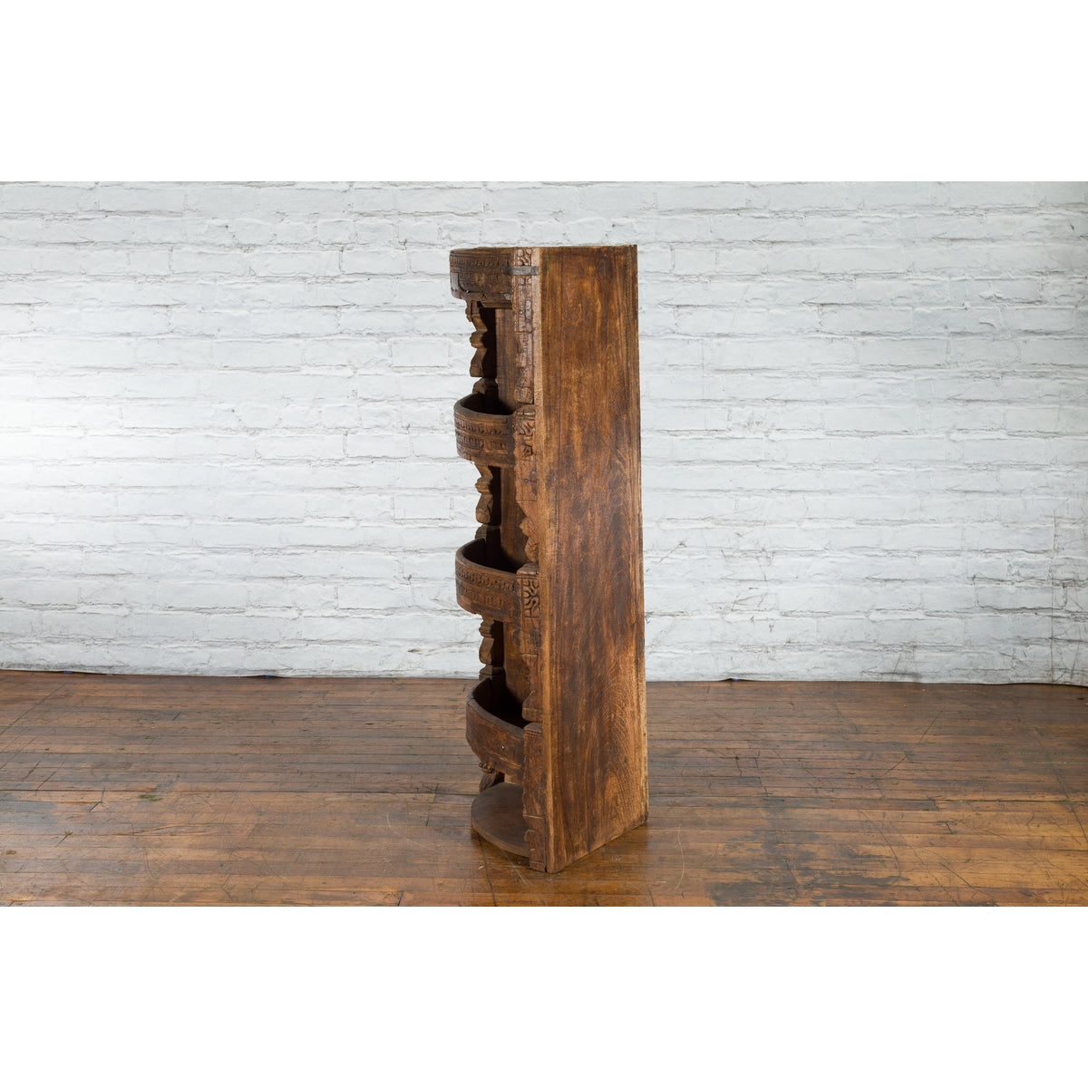 Rustic Indian 19th Century Corner Cabinet with Carved Motifs and Three Shelves-6. Asian & Chinese Furniture, Art, Antiques, Vintage Home Décor for sale at FEA Home