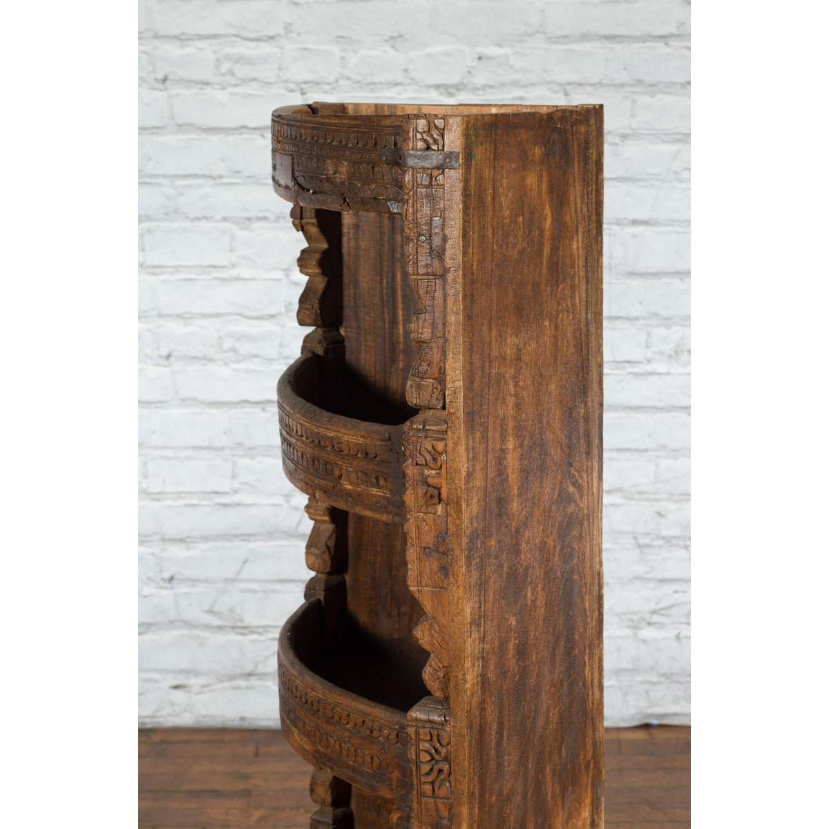 Rustic Indian 19th Century Corner Cabinet with Carved Motifs and Three Shelves-7. Asian & Chinese Furniture, Art, Antiques, Vintage Home Décor for sale at FEA Home