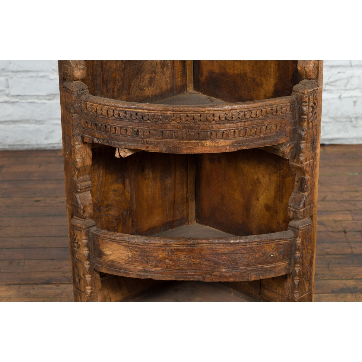 Rustic Indian 19th Century Corner Cabinet with Carved Motifs and Three Shelves-9. Asian & Chinese Furniture, Art, Antiques, Vintage Home Décor for sale at FEA Home
