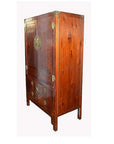Stained burlwood Chinese armoire with four doors and brass hardware, 19th century, front view.